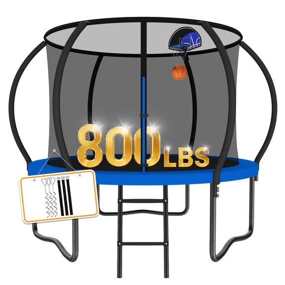 WOWLAND 8FT Trampoline for Kids and Adults 800LBS Weight Capacity, Heavy Duty Outdoor Trampolines with Basketball Hoop and Enclosure Net, Wind Stakes for Backyard, Birthday Gift