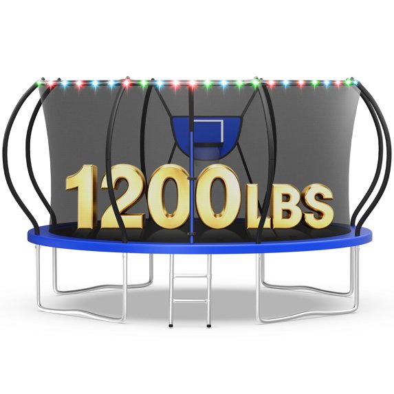 WOWLAND Trampoline 12FT for Kids and Adults with Lights, 1200LBS Heavy Duty Trampoline Outdoor with Enclosure Net and Basketball Hoop, Recreational Backyard Trampoline, Easy Assembly, Birthday Gift