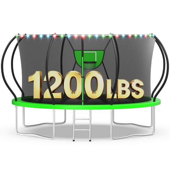 WOWLAND Trampoline 12FT for Kids and Adults with Lights, 1200LBS Heavy Duty Trampoline Outdoor with Enclosure Net and Basketball Hoop, Recreational Backyard Trampoline, Easy Assembly, Birthday Gift