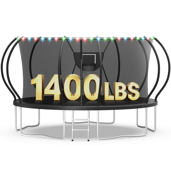 WOWLAND Trampoline 14FT for Kids and Adults with Lights, 1400LBS Heavy Duty Trampoline Outdoor with Enclosure Net and Basketball Hoop, Recreational Backyard Trampoline, Easy Assembly, Birthday Gift