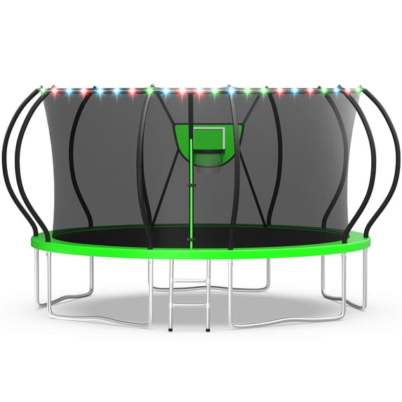 WOWLAND Trampoline 14FT for Kids and Adults with Lights, 1400LBS Heavy Duty Trampoline Outdoor with Enclosure Net and Basketball Hoop, Recreational Backyard Trampoline, Easy Assembly, Birthday Gift