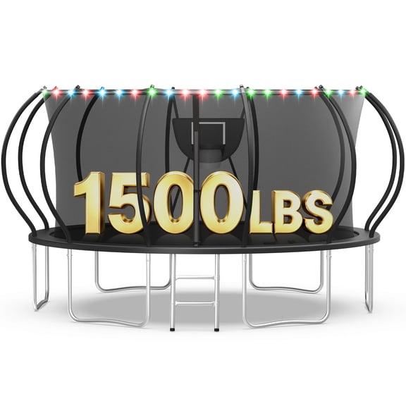 WOWLAND Trampoline 16FT for Kids and Adults with Lights, 1500LBS Heavy Duty Trampoline Outdoor with Enclosure Net and Basketball Hoop, Recreational Backyard Trampoline, Easy Assembly, Birthday Gift