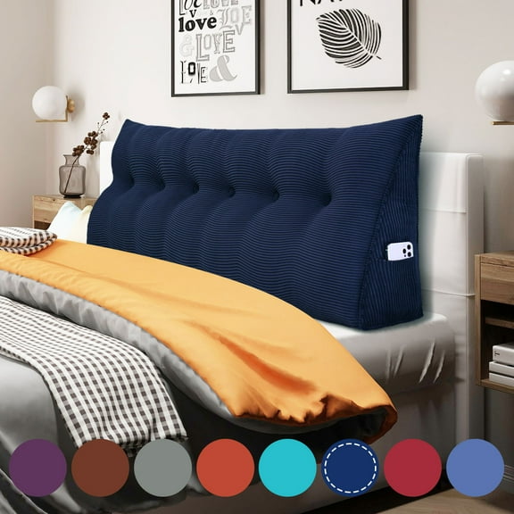 WOWMAX Bed Wedge Pillow Large Bolster Back Support Cushion Backrest Body Positioning Reading Pillows with Removable Cover Deep Blue California King