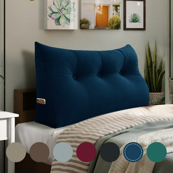 WOWMAX Large Bolster Triangular Reading Backrest Positioning Support Wedge Pillow Headboard for Day Bed Bunk Bed RV/Trailer with Removable Cover 39 Inches Velveteen Deep Blue