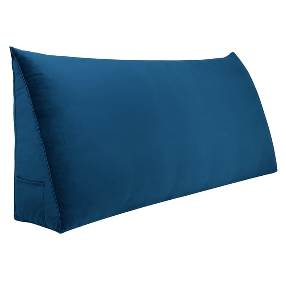WOWMAX Large Reading Bed Wedge Pillow , Triangular Upholstered Headboard, Backrest Back Support for Sitting Up in Bed With Removable Velvet Deep Blue Cover, King