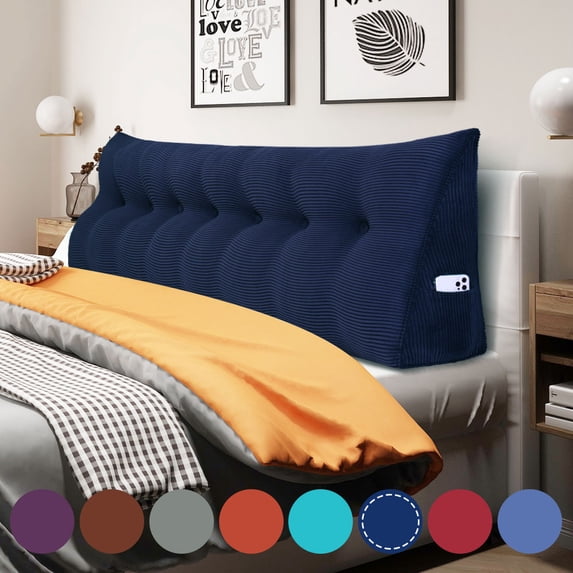 WOWMAX Large Reading Pillow, Triangular Bed Wedge Pillows, Ergonomic Back Supprot Pillow for Sitting in Bed, Upholstered Headboard for Bed & Bed Rest With Removable Cover Corduroy Deep Blue King