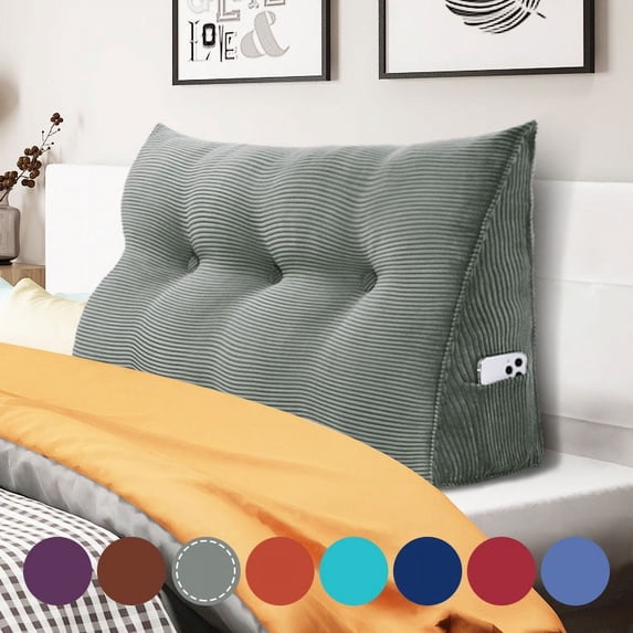 WOWMAX Large Reading Pillow, Triangular Bed Wedge Pillows, Ergonomic Back Supprot Pillow for Sitting in Bed, Upholstered Headboard for Bed & Bed Rest With Removable Cover Corduroy Grey 39Inches