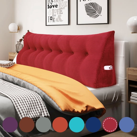 WOWMAX Large Reading Pillow, Triangular Bed Wedge Pillows, Ergonomic Back Supprot Pillow for Sitting in Bed, Upholstered Headboard for Bed & Bed Rest With Removable Cover Corduroy Red 76Inches