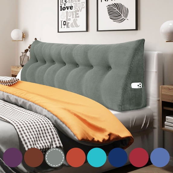 WOWMAX Large Reading Pillow, Triangular Bed Wedge Pillows, Ergonomic Back Supprot Pillow for Sitting in Bed, Upholstered Headboard for Bed & Bed Rest With Removable Cover Corduroy Grey 76Inches