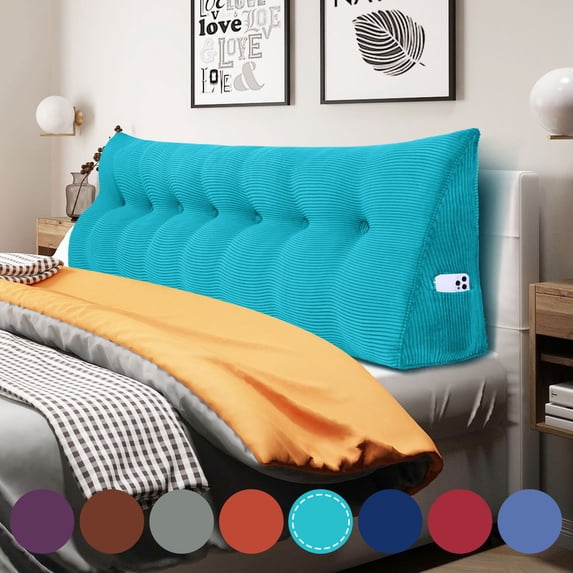 WOWMAX Large Reading Pillow, Triangular Bed Wedge Pillows, Ergonomic Back Supprot Pillow for Sitting in Bed, Upholstered Headboard for Bed & Bed Rest With Removable Cover Corduroy Sky Blue 76Inches