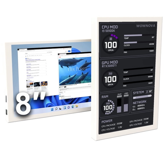 WOWNOVA 8 Inch LCD Screen Inside PC Case Screen (Desktop Mode Added), PC Accessories for Inside PC, PC Temperature Display Computer Temp Monitor, PC Case Accessories for PC Case with Screen