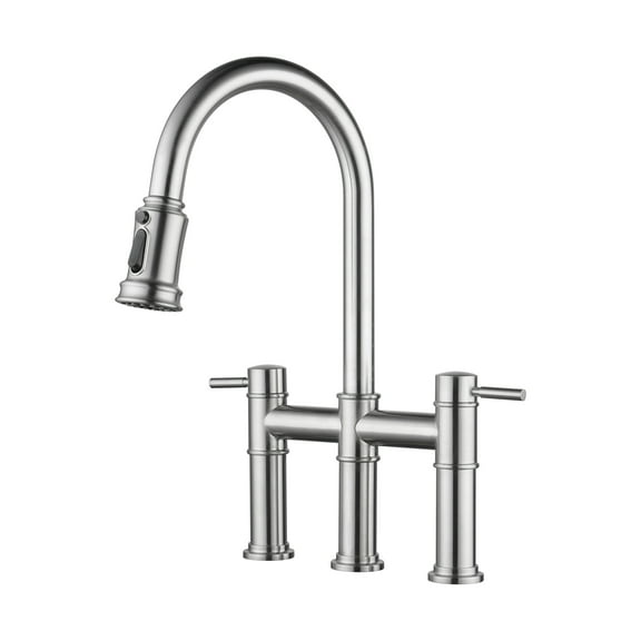 WOWOW 3 Holes Double Handle Bridge Kitchen Faucet with Pull Down Sprayer and Supply Lines in Brushed Nickel