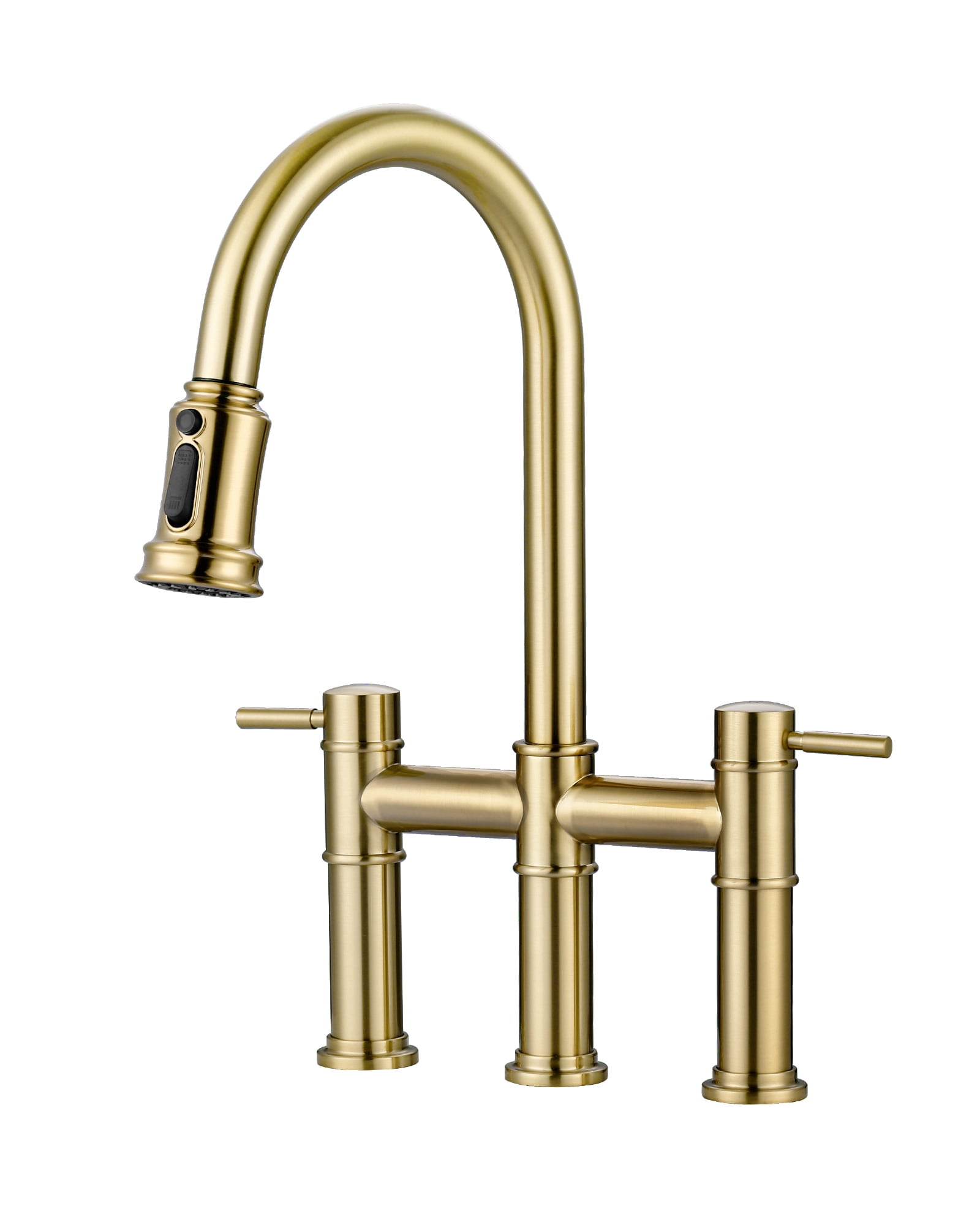 Gold Brass Double Handle Bridge Kitchen Faucet with Pull Down Sprayer