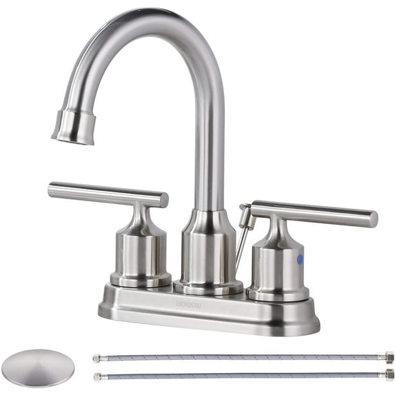 WOWOW 4 Inch Bathroom Faucet 3 Hole Brushed Nickel with Drain Assembly and Hose