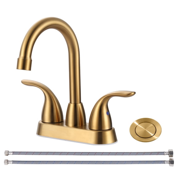 WOWOW 4 in. Centerset Double Handle High Arc Bathroom Faucet with Drain Kit Included in Gold