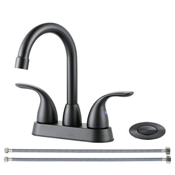 WOWOW 4 in. Centerset Double Handle High Arc Bathroom Faucet with Drain Kit Included in Matte Black