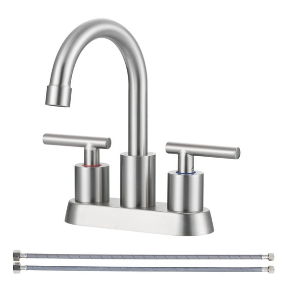WOWOW 4 in. Centerset Double Handle High Arc Bathroom Faucet with Pop Up Drain and Water Supply Hoses