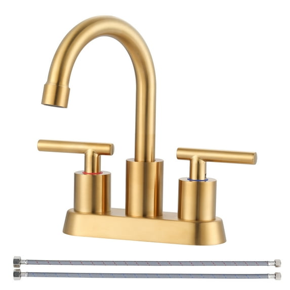 WOWOW 4 in. Centerset Double Handle High Arc Bathroom Faucet with Pop Up Drain and Water Supply Hoses