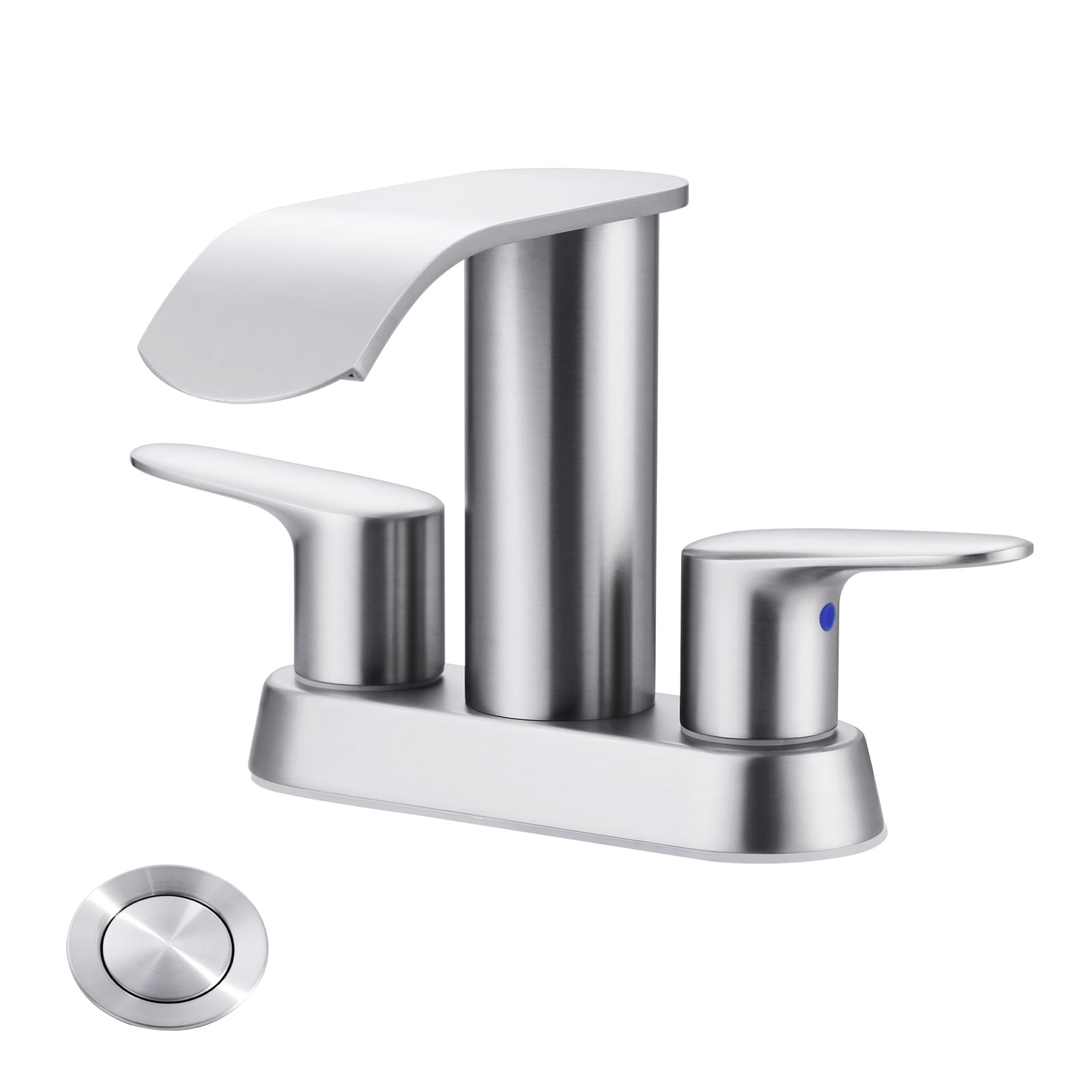WOWOW 4 inch Brushed Nickel 2-Handle Bathroom Sink Faucet with Pop-up Drain - Lead-Free Stainless Steel Centerset Faucet for Vanity, RV, Waterfall Bathroom Sink Faucet