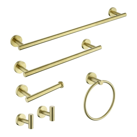 Wowow 6-Pieces Brushed Gold Bathroom Hardware Set Round Wall Mounted with Towel Ring Toilet Paper Holder Towel Hook and Towel Bar in Black and Gold