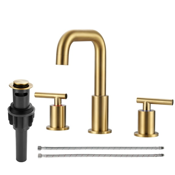 Wowow 8 in. Widespread Double Handle Bathroom Faucet with Pop Up Drain and cUPC Certified Supply Lines in Brushed Gold Questions & Answers