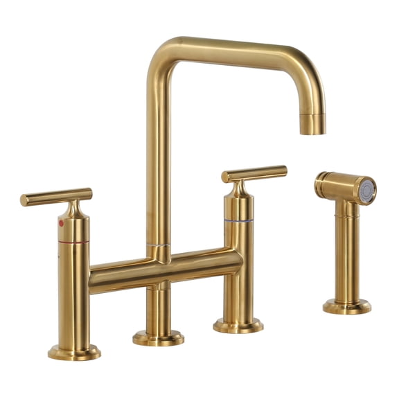 WOWOW Brass Double Handle Bridge Kitchen Faucet, Deck Mount Kitchen Sink Faucet with Side Sprayer