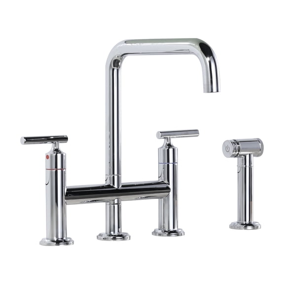 WOWOW Brass Double Handle Bridge Kitchen Faucet, Deck Mount Kitchen Sink Faucet with Side Sprayer