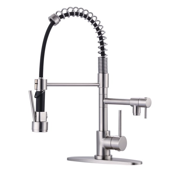 Wowow Brushed Nickel High Arc Spring Kitchen Faucet, Single Handle Pull Down Sprayer, Universal 1 & 3 Hole Installation with Deck Plate