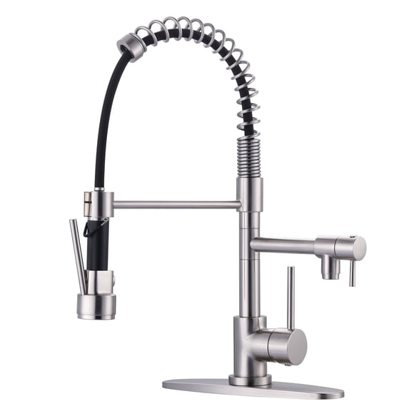 Wowow Brushed Nickel High Arc Spring Kitchen Faucet, Single Handle Pull Down Sprayer, Universal 1 & 3 Hole Installation with Deck Plate