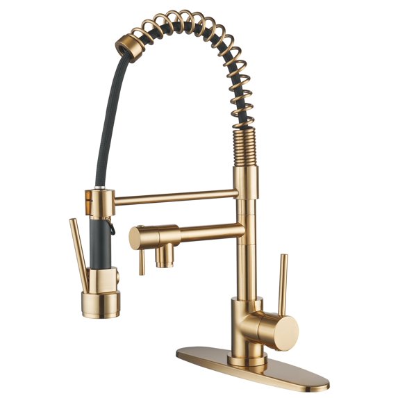 Brass Kitchen Faucet with Pre-Rinse Sprayer: WOWOW Brushed Gold Spring Kitchen Sink Faucet 1 or 3 Hole, Single Handle Pull Out Kitchen Faucet with Deck Plate