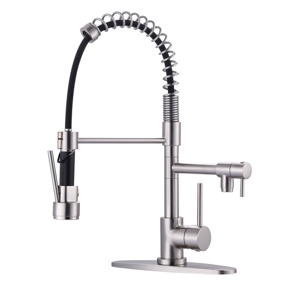 Brass Kitchen Faucet with Pull Down Sprayer, WOWOW High Arc Commercial Spring Kitchen Faucet for Sinks 1 or 3 Hole, Single Handle Brushed Nickel Kitchen Sink Faucet with Deck Plate