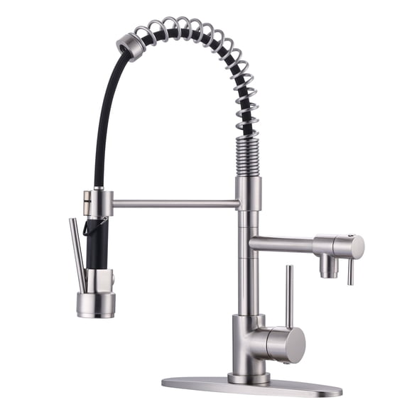 Brass Kitchen Faucet with Pull Down Sprayer, WOWOW High Arc Commercial Spring Kitchen Faucet for Sinks 1 or 3 Hole, Single Handle Brushed Nickel Kitchen Sink Faucet with Deck Plate