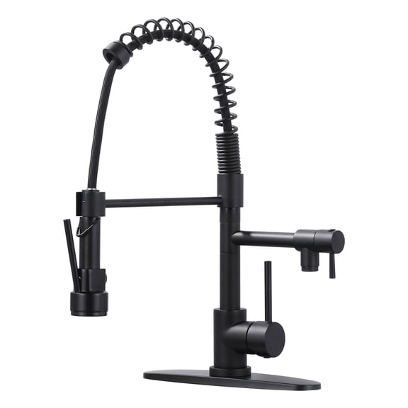 Wowow Matte Black High Arc Spring Kitchen Faucet, Single Handle Pull Down Sprayer, Universal 1 & 3 Hole Installation with Deck Plate