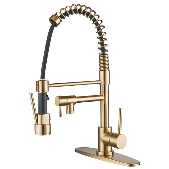 Wowow Brushed Gold High Arc Spring Kitchen Faucet, Single Handle Pull Down Sprayer, Universal 1 & 3 Hole Installation with Deck Plate