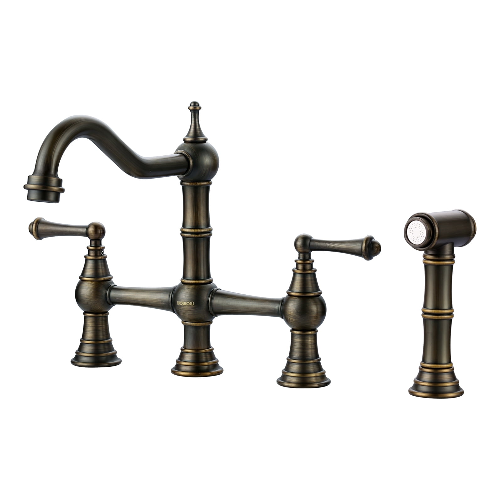 Wowow Double Handle 8 Inch Centerset Bridge Kitchen Faucet with Side Sprayer,Solid Brass Kitchen Faucet in Antique Bronze