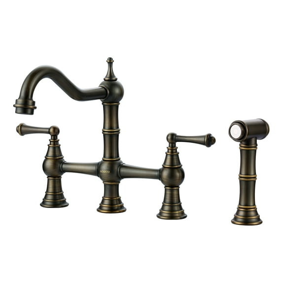 Wowow Double Handle 8 Inch Centerset Bridge Kitchen Faucet with Side Sprayer,Solid Brass Kitchen Faucet in Antique Bronze