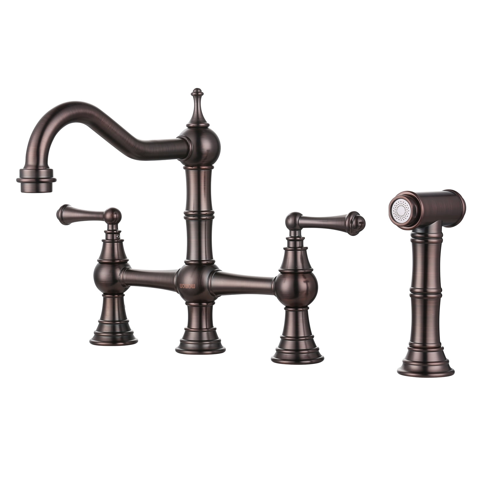 WOWOW Bronze Kitchen Faucet with Side Sprayer, 4 Hole Brass Kitchen Faucets for Sink, 2 Handle 8 Inch Centerset Bridge Faucet Vintage Farmhouse Copper Kitchen Sink Faucets