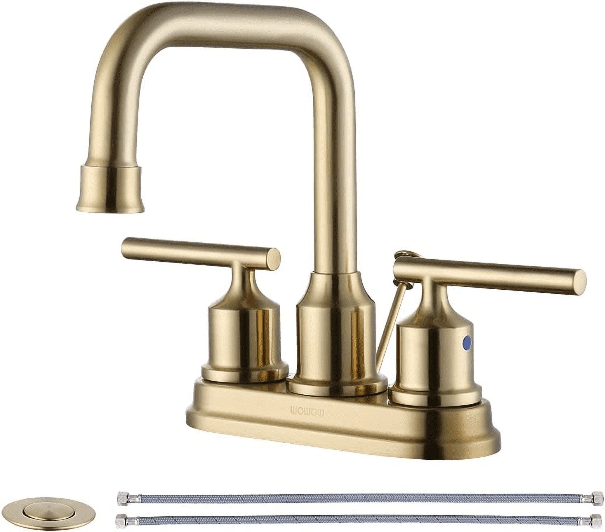WOWOW Modern High Arc 4 Inch Brushed Gold Bathroom Sink Faucet with 2 ...