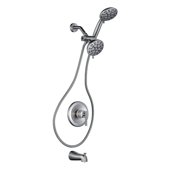 Wowow 7- Mode Shower Faucet Set with Tub Spout and 2-in-1 Dual Handheld Shower Head (Valve Included), Brushed Nickel
