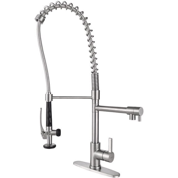WOWOW Brushed Nickel Spring Kitchen Faucet with Pre-Rinse Pull Down Sprayer