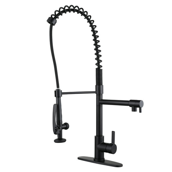 WOWOW Commercial Kitchen Faucet with Pre-Rinse Sprayer, 28-Inch Height Solid Brass Kitchen Sink Faucet 1 or 3 Hole Deck Mount, Matte Black Spring Kitchen Faucet with Dual Swing Spout