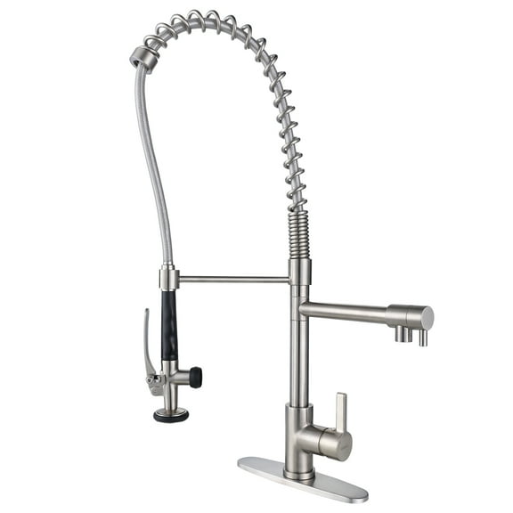 WOWOW Commercial Kitchen Faucet with Pre-Rinse Sprayer, WOWOW Solid Brass Commercial Restaurant Faucet 1 or 3 Hole Spring Kitchen Faucet with Deck Plate, Brushed Nickel
