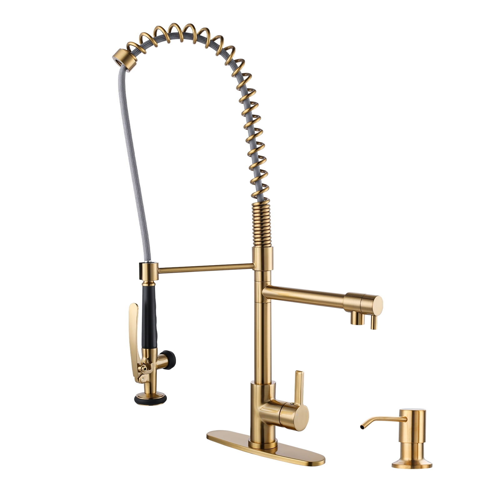 Gold Brushed Brass Pull-down Kitchen Faucet with Soap Dispenser