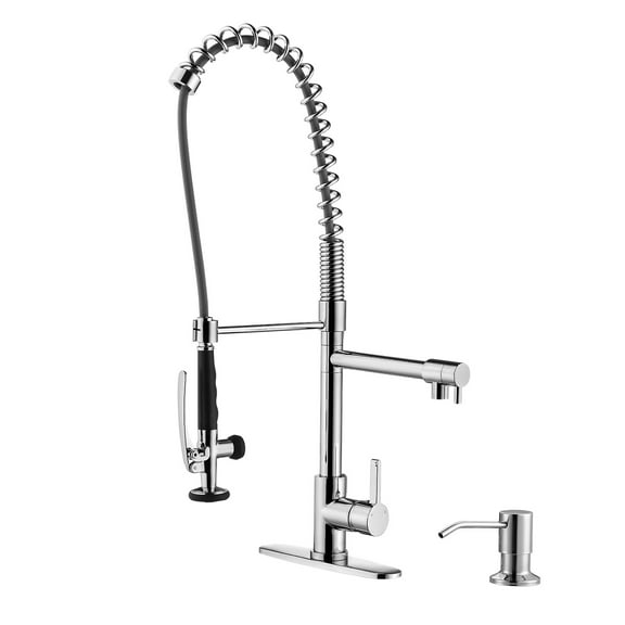 WOWOW Commercial Single-Handle High-Arc Pull Down Sprayer Kitchen Faucet with Soap Dispenser for Restaurant in Polished Chrome