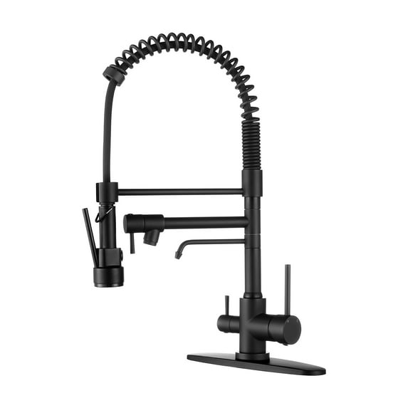 WOWOW Double-Handles Pull Down Sprayer Kitchen Faucet with Drinking Water Pull Out Spray Wand in Solid Brass in Matte Black