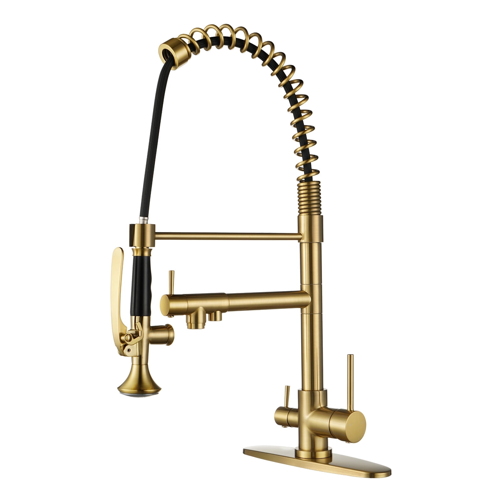 WOWOW Double-Handles Pull Down Sprayer Kitchen Faucet with Drinking Water for 1 or 3 Hole in Solid Brass in Gold