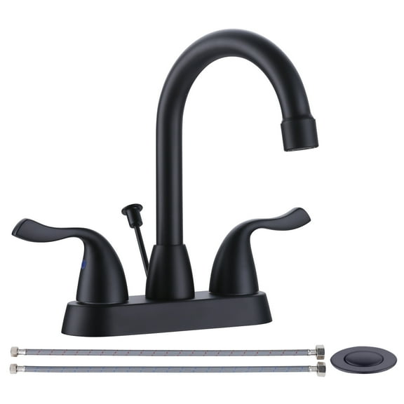 WOWOW Matte Black Bathroom Faucet, 2 Handle Basin Faucet, 4 Inch Centerset Bathroom Faucet with Drain Assembly and Supply Hoses, Bathroom Sink Faucet Black