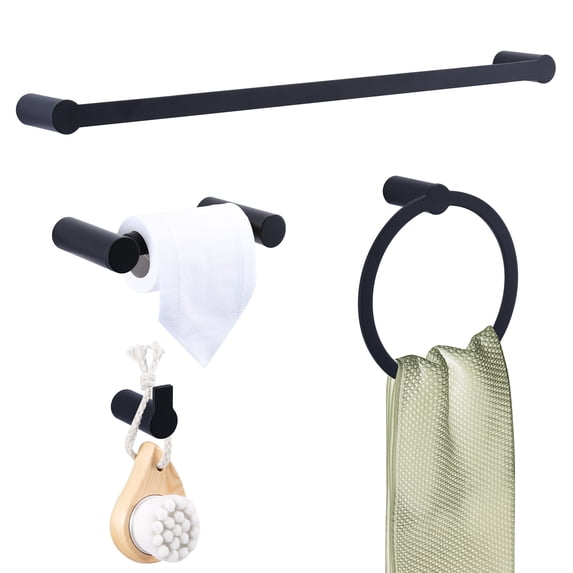 WOWOW Matte Black Bathroom Hardware Set of 4 ,Including Towel Bar Toilet Paper Holder Towel Ring Single Coat Hook