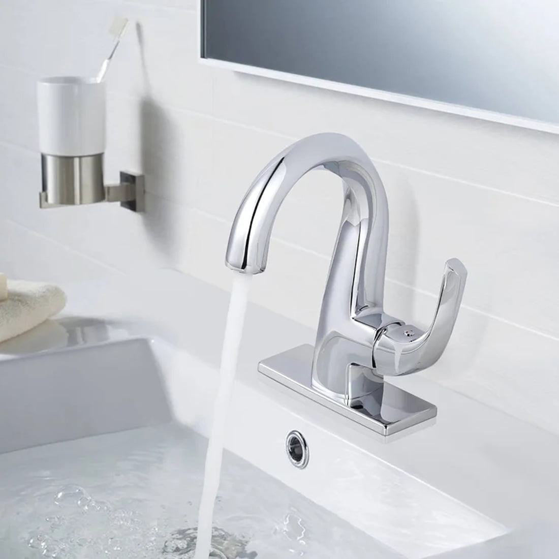 Chrome Single Handle High Arc Bathroom Faucet with Pop Up Drain