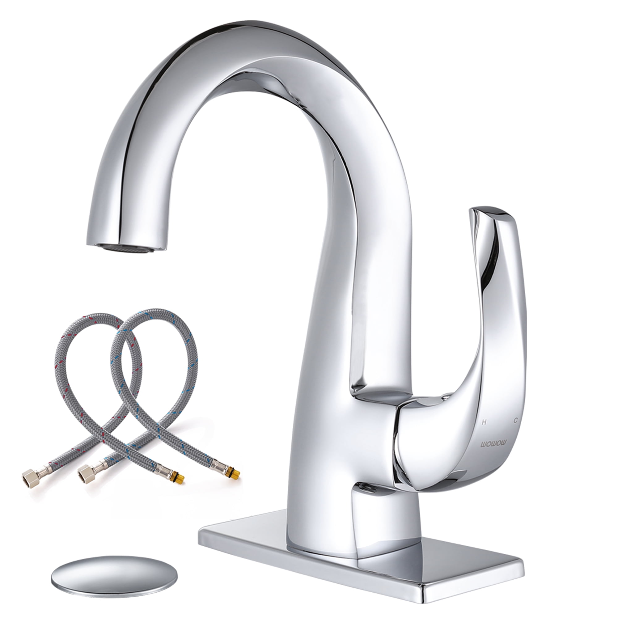 Chrome Single Handle High Arc Bathroom Faucet with Pop Up Drain